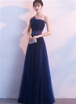 Picture of Navy Blue Tulle Long Party Dresses with Lace and Beaded ,A-line Blue Prom Dresses Formal Dresses